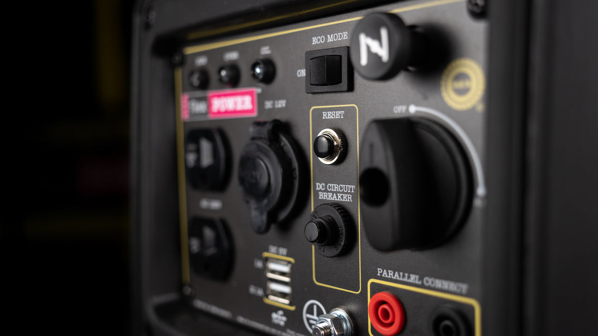 Close-up of a Flex Power inverter generator control panel